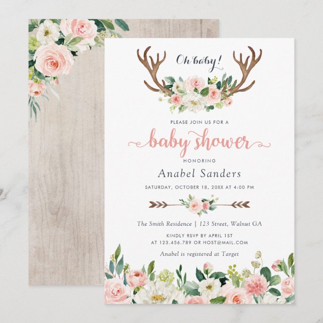 Invitation Floral Boho Antler Blush Chic Flèches Baby shower (Devant / Derrière)