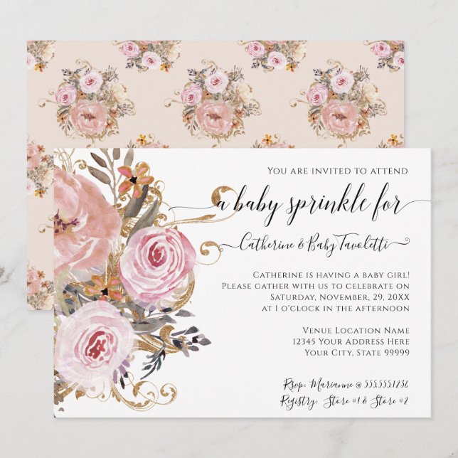Invitation Floral BOHO Aquarelle rose pâle Bébé Fille Douche (Devant / Derrière)