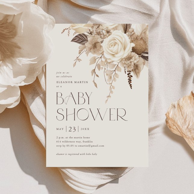 Invitation Floral Boho Baby shower neutre genre (Elegant typography floral boho gender neutral baby shower invitations.)