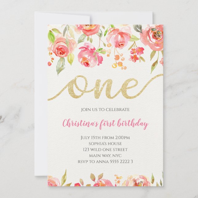 Invitation Floral Boho Calligraphy Baby Girl First Birthday (Devant)