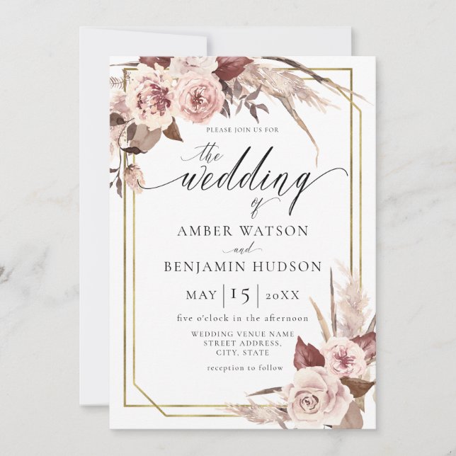 Invitation Floral Boho Champagne Aquarelle Pampas Mariage (Devant)