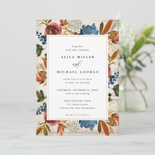 Invitation Floral Boho de la marine et de la rouille, Mariage (Debout devant)