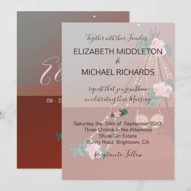 Invitation Floral Boho Desert Rustic Teepee / Tipi Mariage (Devant / Derrière)