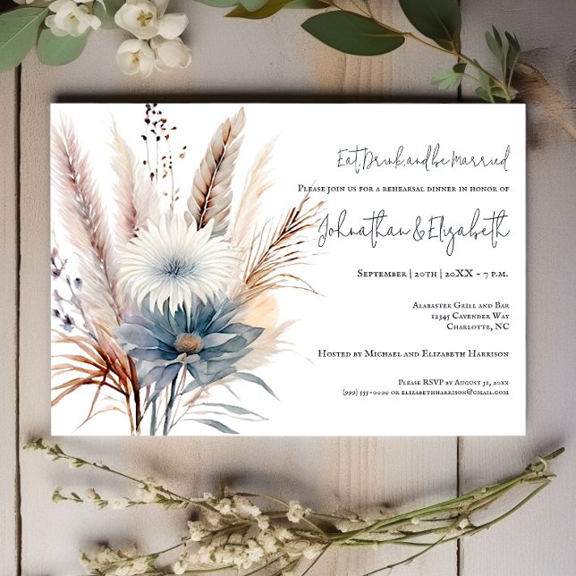 Invitation Floral Boho d'hiver | Dîner de répétition blanc (White Winter Boho Floral Wedding Rehearsal Dinner Invitation)