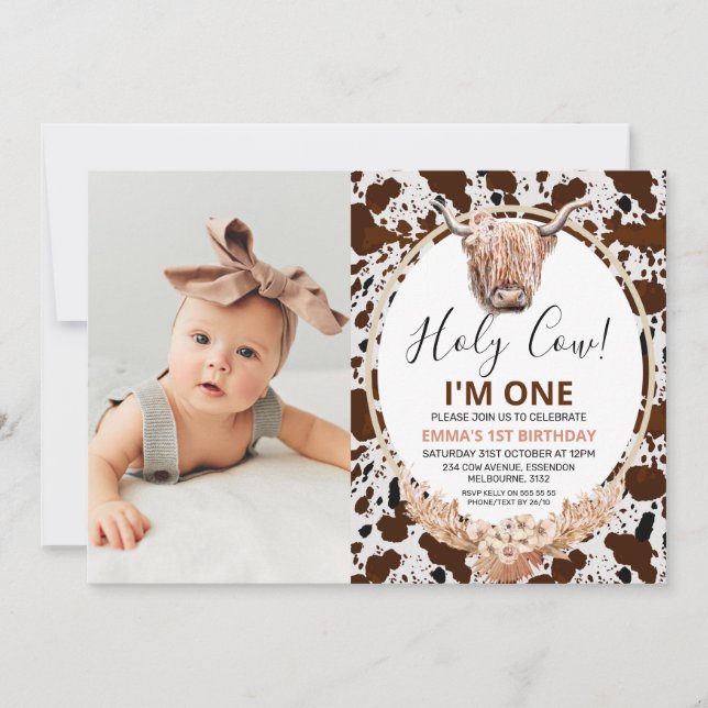 Invitation Floral Boho Highland Cow Imprimer Photo 1er annive (Devant)