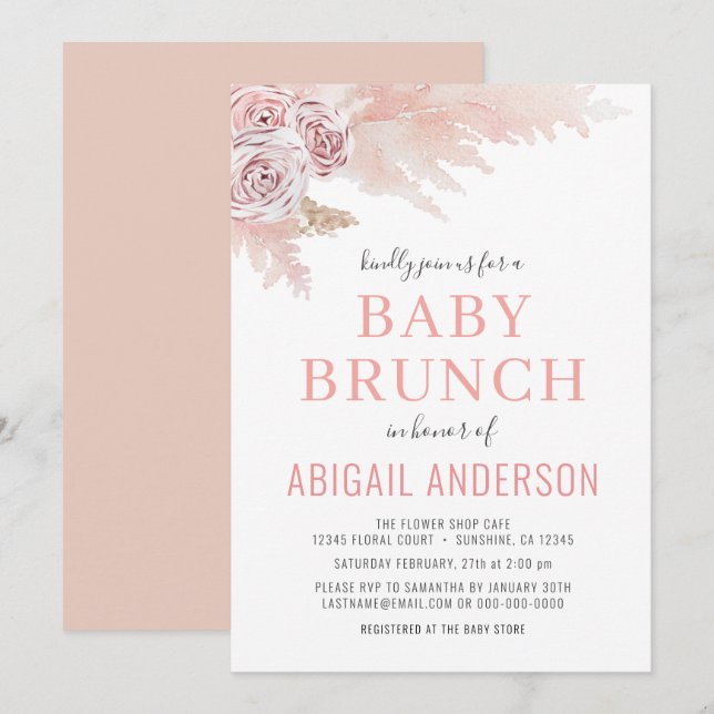 Invitation Floral Boho Pampas Aquarelle Bébé Brunch Invitat (Devant / Derrière)