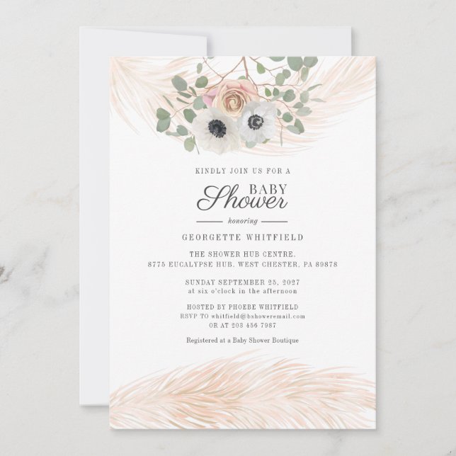 Invitation Floral Boho Pampas Grass Moderne Baby shower fille (Devant)