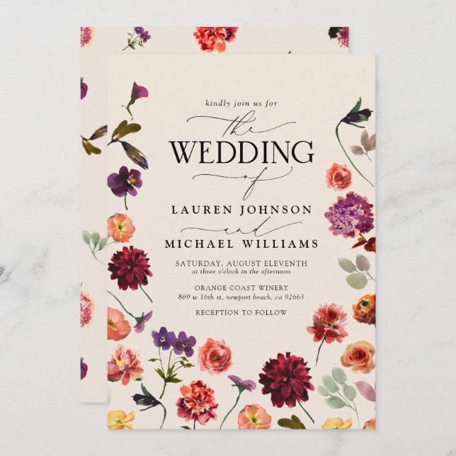 Invitation Floral Boho QR Code Mariage (Devant / Derrière)