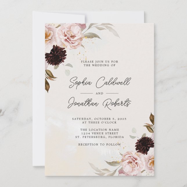 Invitation Floral Boho rose pâle tout en un seul Mariage (Devant)