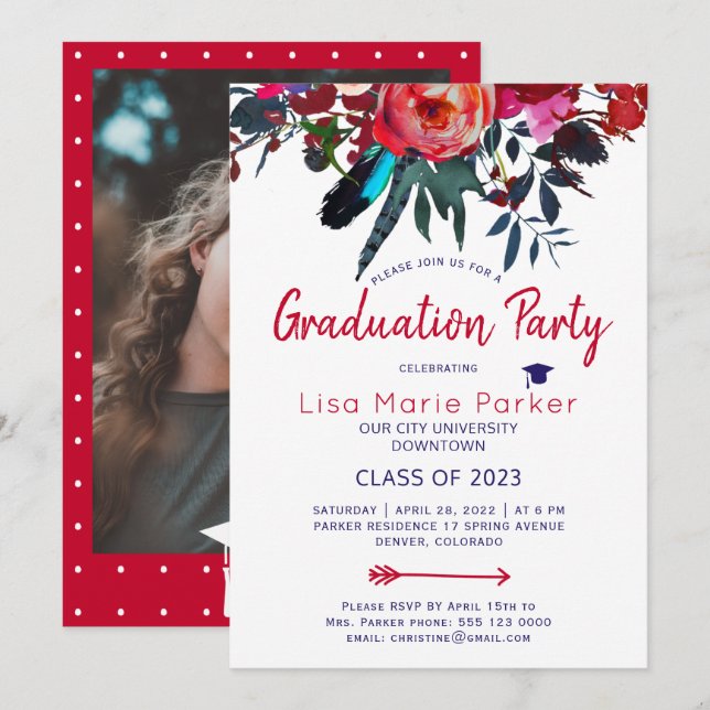Invitation Floral boho rouge marine Fête de graduation PHOTO (Devant / Derrière)