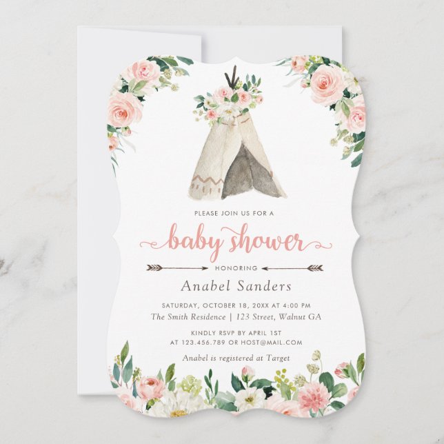 Invitation Floral Boho Teepee Chic Arrows Baby shower tribal (Devant)