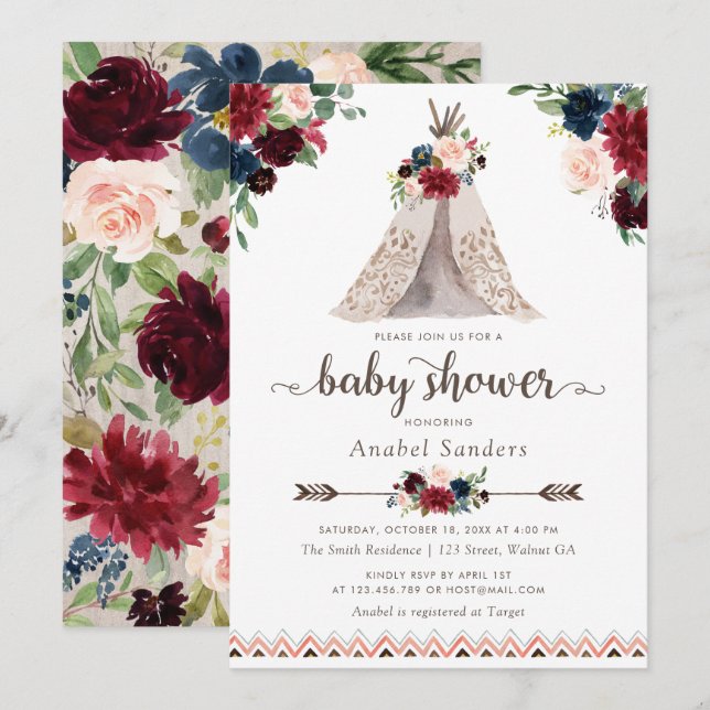 Invitation Floral Boho Teepee Navy lance un Baby shower triba (Devant / Derrière)