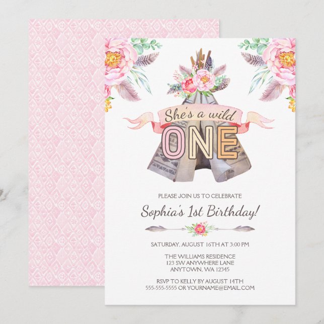Invitation Floral Boho Tribal Teepee Wild Un 1er anniversaire (Devant / Derrière)
