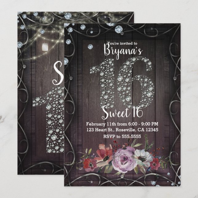 Invitation Floral Bois Diamond Bling 16 Anniversaire Photo (Devant / Derrière)