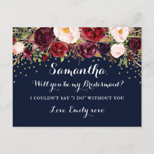 Invitation Floral Bordeaux Navy Veux-Tu Être Ma Demoiselle D'