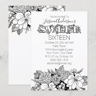 Invitation Floral Botanical Black White Sweet 16