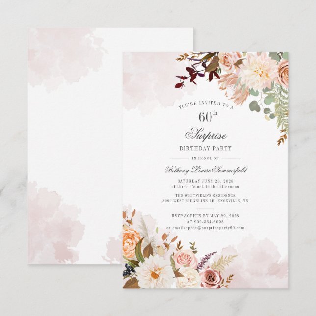 Invitation Floral Botanical Pastel 60e fête d'anniversaire (Devant / Derrière)