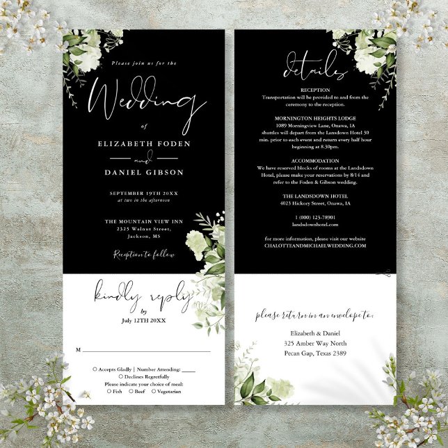 Invitation Floral Botanique Blanc Noir Tout en un Mariage (Black White Botanical Floral All In One Wedding Invitation)