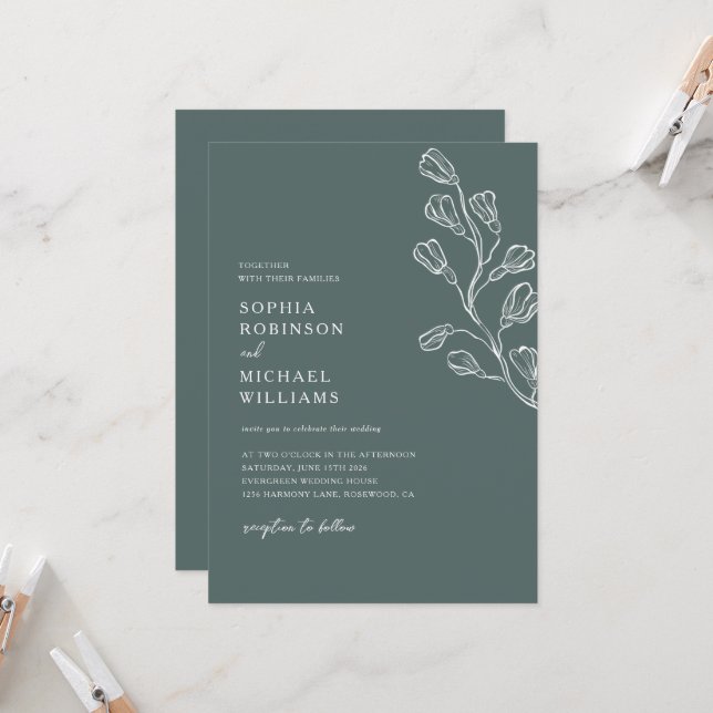 Invitation Floral botanique moderne vert foncé et Mariage bla (Devant/Arrière en situation)