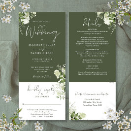 Invitation Floral Botanique Vert Olive Tout en un Mariage