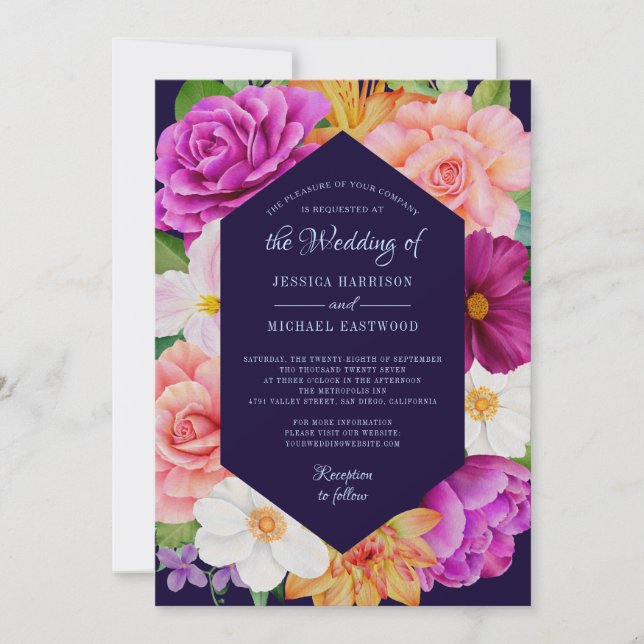 Invitation Floral Botanique violet rose Mariage bleu profond (Devant)
