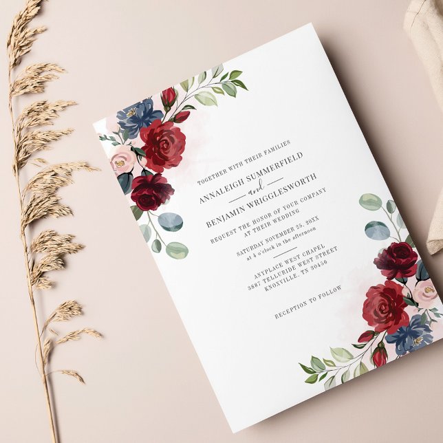 Invitation Floral Bourgogne Aquarelle Verdure Mariage (Créateur téléchargé)