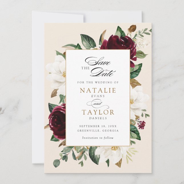 Invitation Floral Bourgogne Beige Magnolia Élégant Date de sa (Devant)