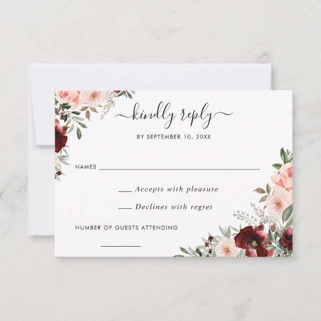 Invitation Floral Bourgogne Blush Greenery RSVP Répondre (Devant)