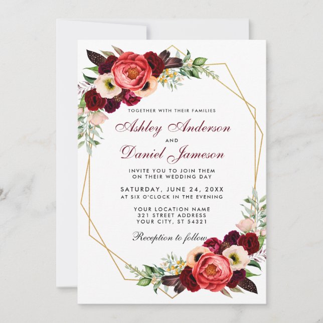 Invitation Floral Bourgogne Boho Mariage Gold Frame W (Devant)
