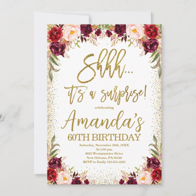 Invitation Floral Bourgogne, Chut c'est un anniversaire surpr (Devant)