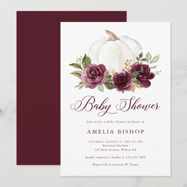 Invitation Floral Bourgogne Citrouille Baby shower feuille or (Devant / Derrière)