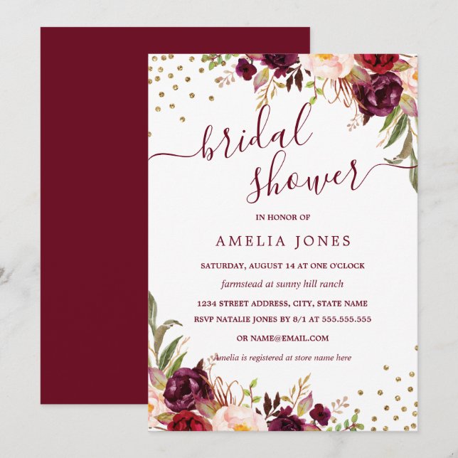 Invitation Floral Bourgogne Gold Confetti Fête des mariées (Devant / Derrière)