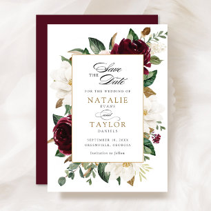 Invitation Floral Bourgogne Gold Magnolia Élégante Date de sa