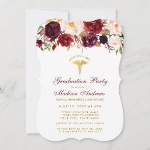 Invitation Floral Bourgogne Gold Médicale Grad Party Invitati