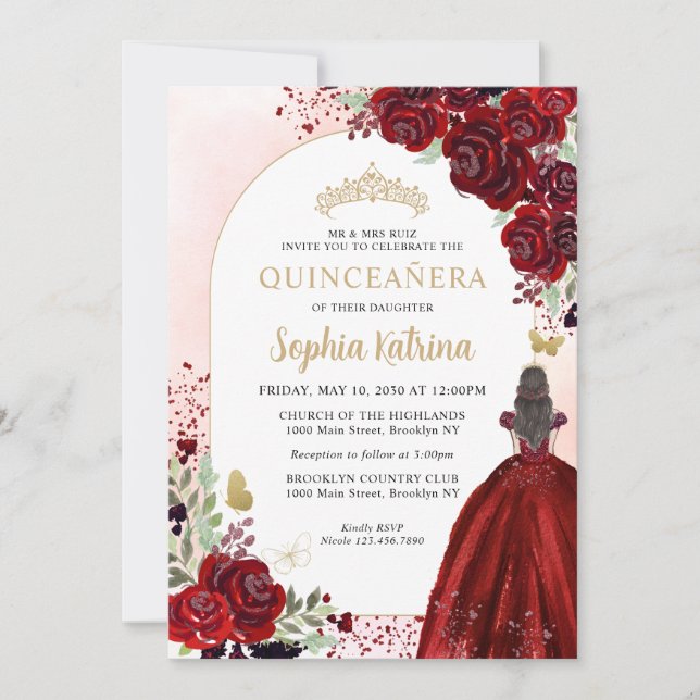 Invitation Floral Bourgogne Gold Princesse Anniversaire Quinc (Devant)