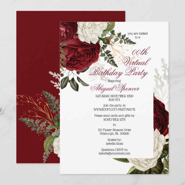 Invitation Floral Bourgogne luxuriant fête d'anniversaire vir (Devant / Derrière)
