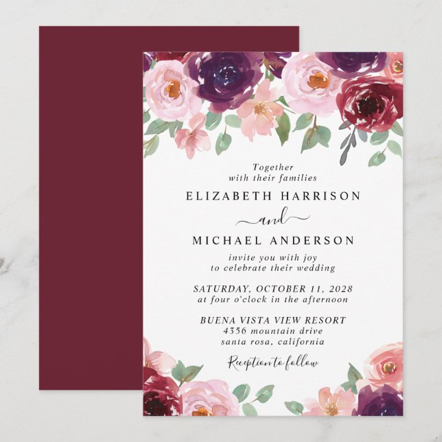 Invitation Floral Bourgogne Mariage d'aquarelle (Devant / Derrière)