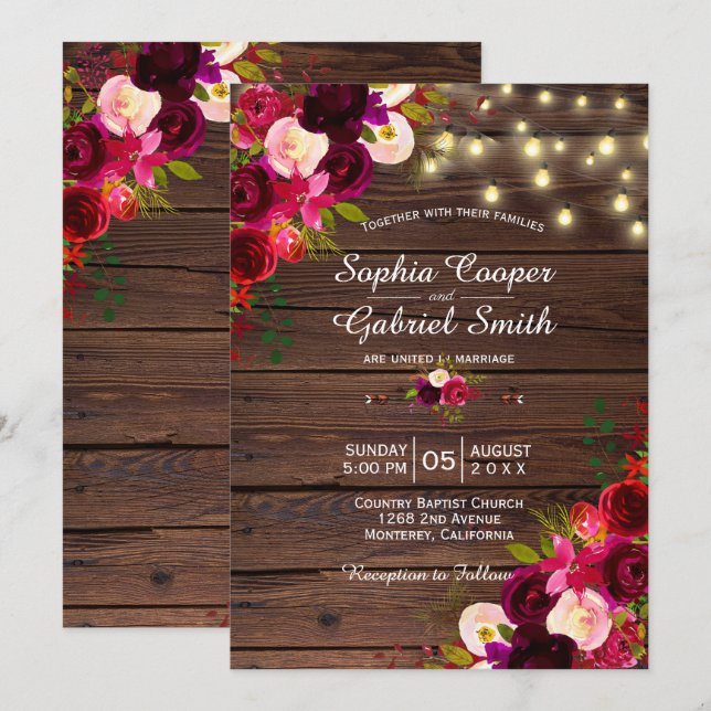 Invitation Floral Bourgogne | Mariage en bois des lumières de (Devant / Derrière)