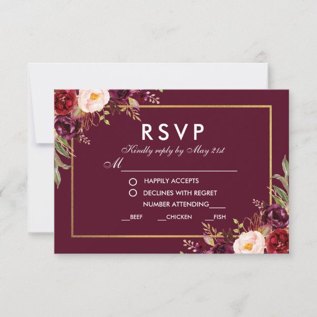 Invitation Floral Bourgogne Mariage Repas RSVP BG Repas (Devant)