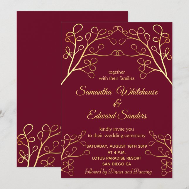 Invitation Floral Bourgogne Or Mariage élégant (Devant / Derrière)