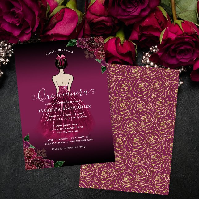 Invitation Floral Bourgogne Princesse Or Anniversaire Quincea (Floral Burgundy Princess Gold Birthday Quinceañera Invitation)