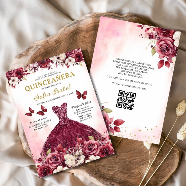 Invitation Floral Bourgogne QR Code Princesse Quinceanera (Créateur téléchargé)