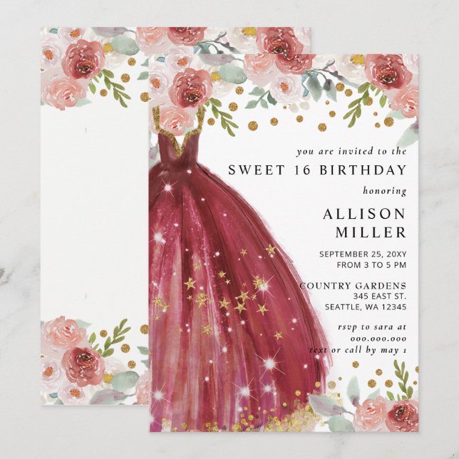 Invitation Floral Bourgogne Rouge or Parties scintillant robe (Devant / Derrière)