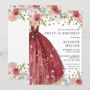 Invitation Floral Bourgogne Rouge or Parties scintillant robe