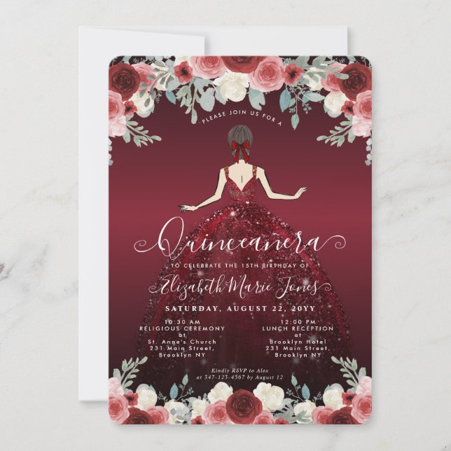 Invitation Floral Bourgogne Rouge princesse Anniversaire Quin (Devant)