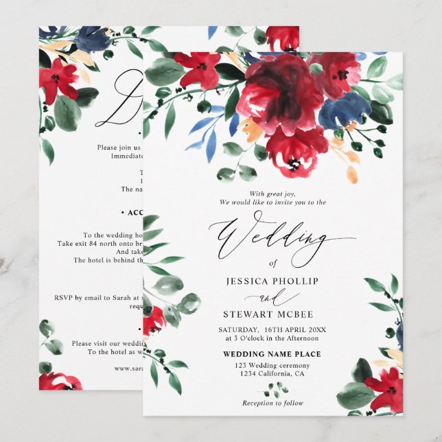 Invitation Floral Bourgogne tout en un mariage de calligraphi (Devant / Derrière)
