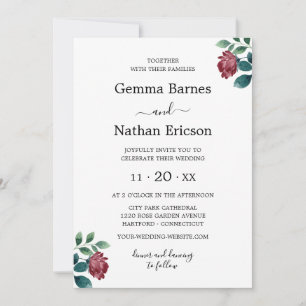 Invitation Floral Bourgogne Turquoise Aquarelle Rose Mariage