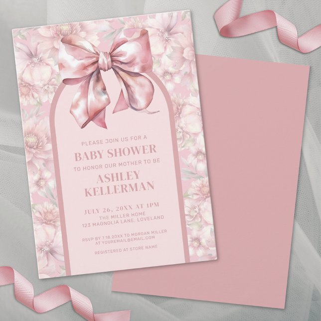 Invitation Floral Bow Baby shower fille rose (Cute Pink Floral Girl Baby Shower Invitation)