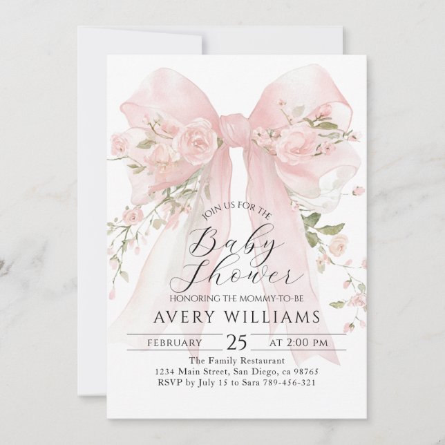 Invitation Floral Bow Élégant Baby shower Fille Fleur (Devant)