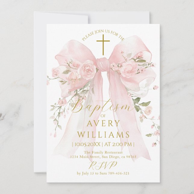 Invitation Floral Bow Girls Baptism Elegant Flower Digital (Devant)